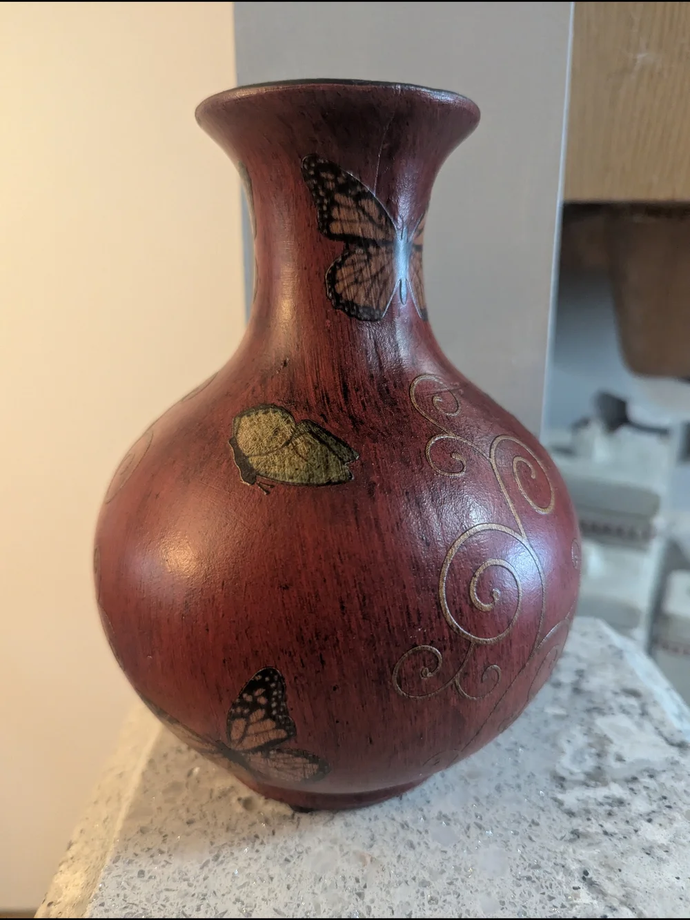 Vintage 90's Fat Belly Ceramic Vase Hand Painted Decoupage Butterflies BOHO